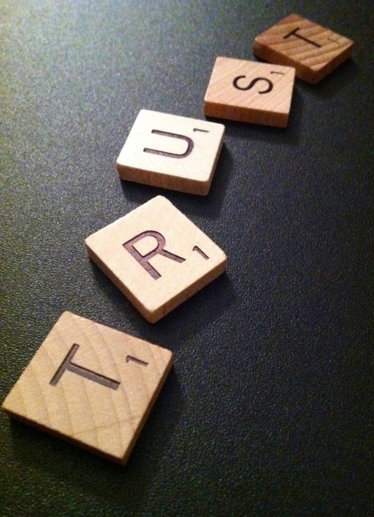 scrabble letters of the word 'trust'
